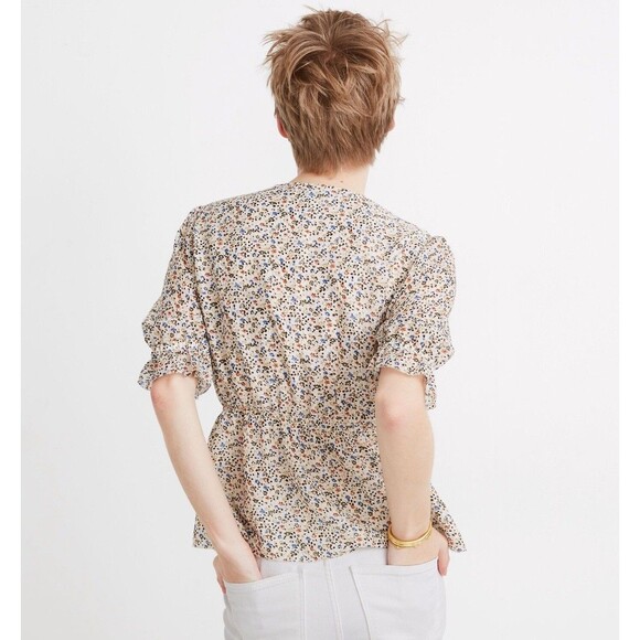 Madewell Ivory Blouse Size S Fieldwalk Ditsy Floral Silk V-Neck Peplum buttons - Picture 2 of 10